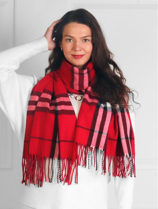 Cashmere Feeling Plaid Patterned Scarf W/ Tassels